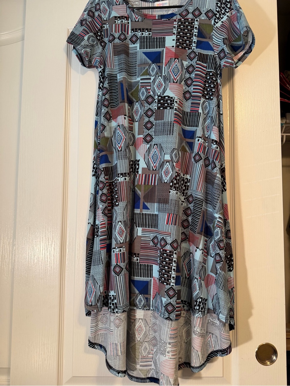 LuLaRoe Geo Patchwork Short Sleeve Dress in Blue, Pink, Olive and Black